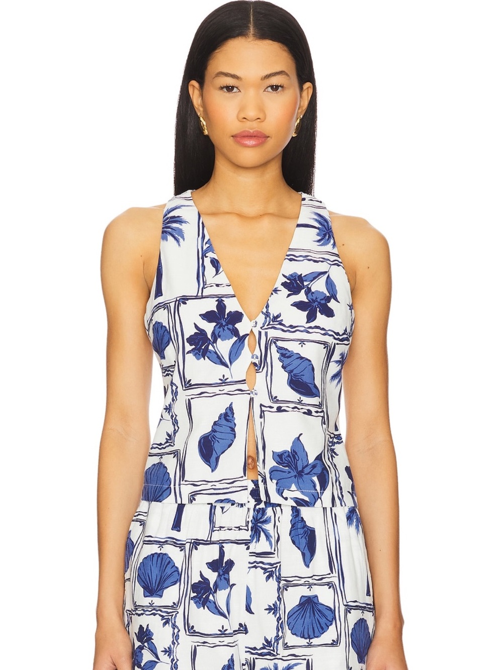 MINKPINK White and Blue Floral Button-Front Tank